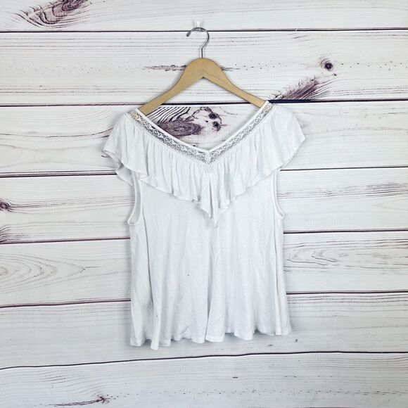 Free People White Ruffle V Neck Flowy Blouse Sz Medium - Picture 4 of 5